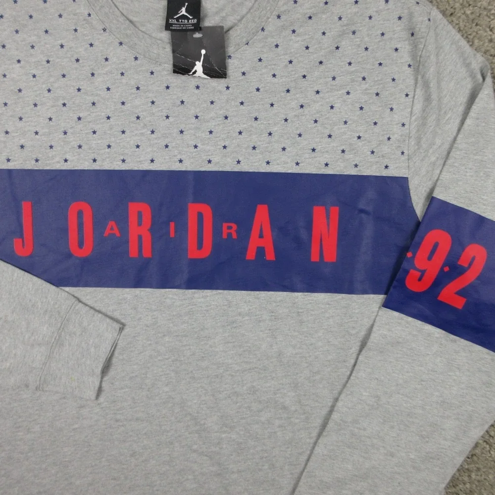 Air Jordan Shirt Mens 2XL Gray Blue Striped Long Sleeve Basketball Casual Tee